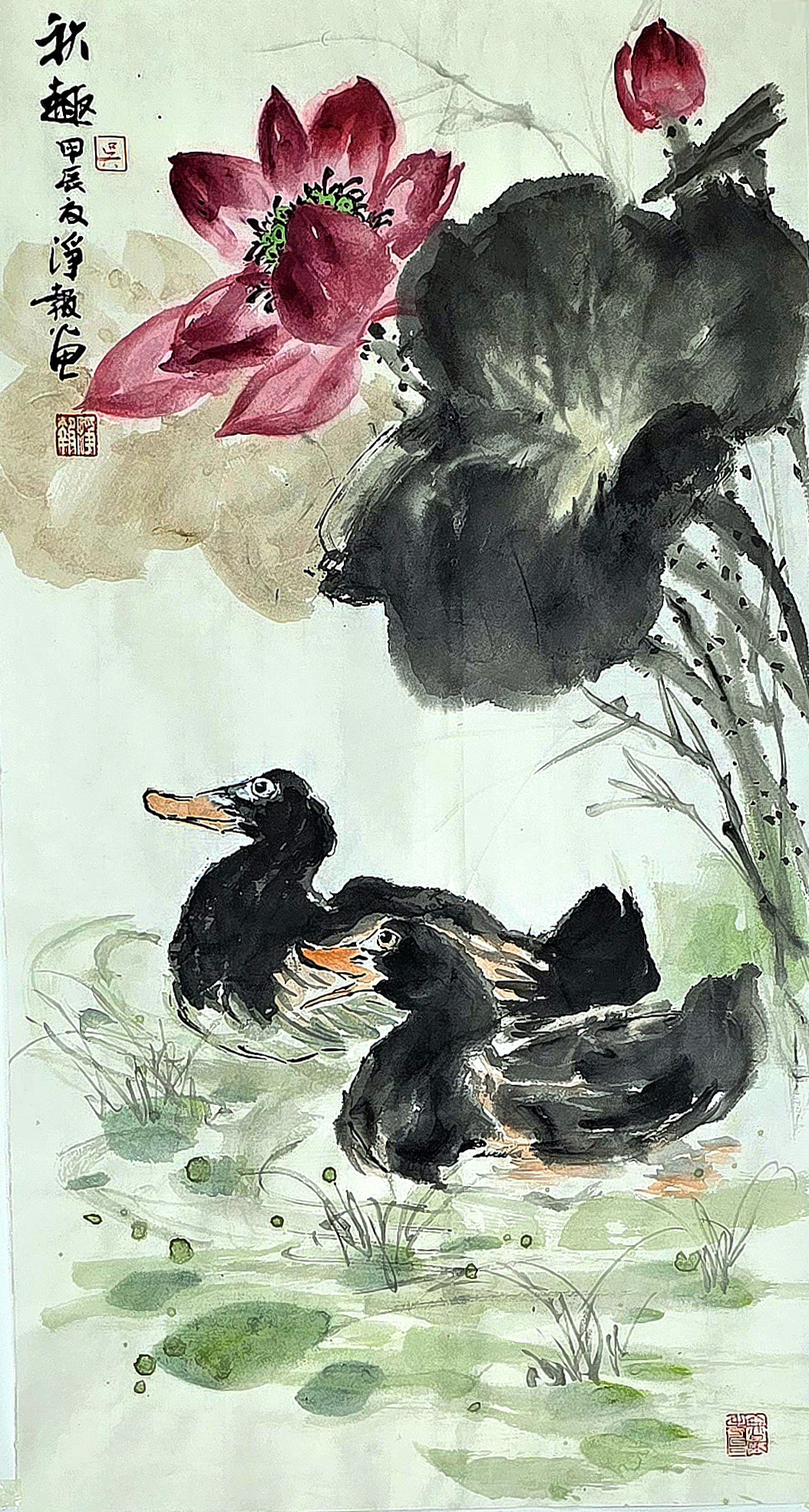 荷花與鴨子水墨畫