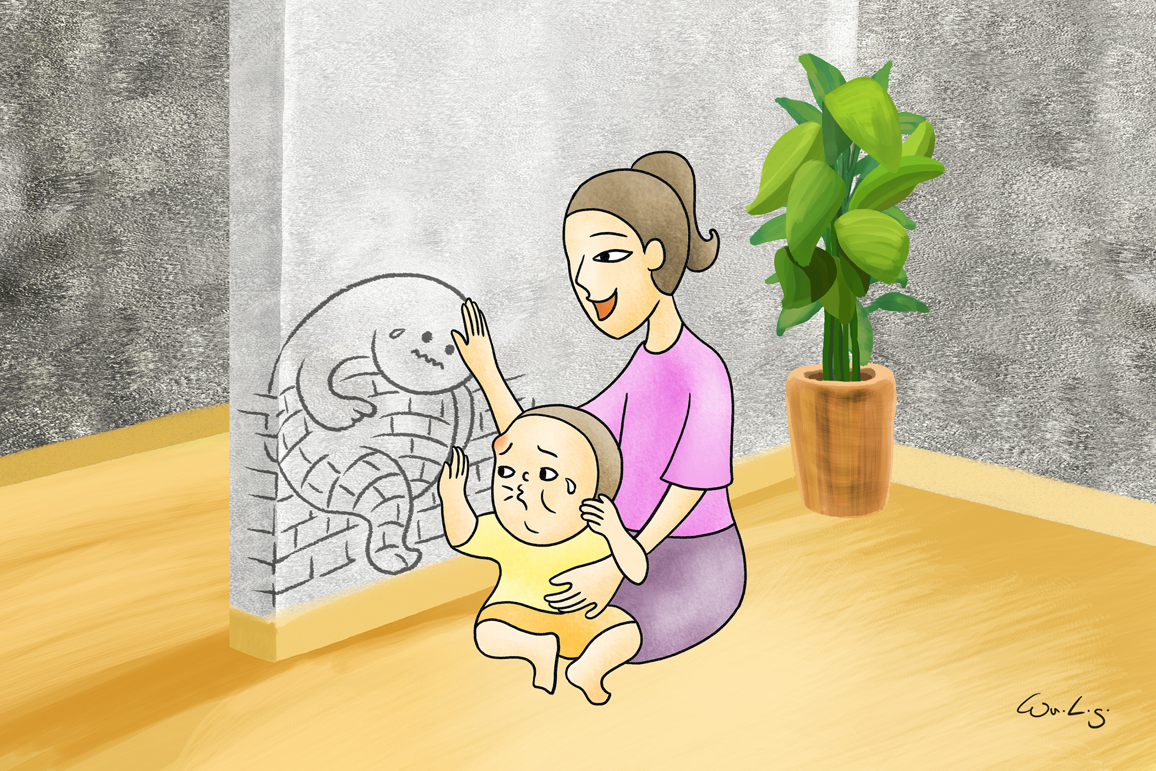 頁面 111 圖片 2 - 媽媽安慰孩子和牆壁