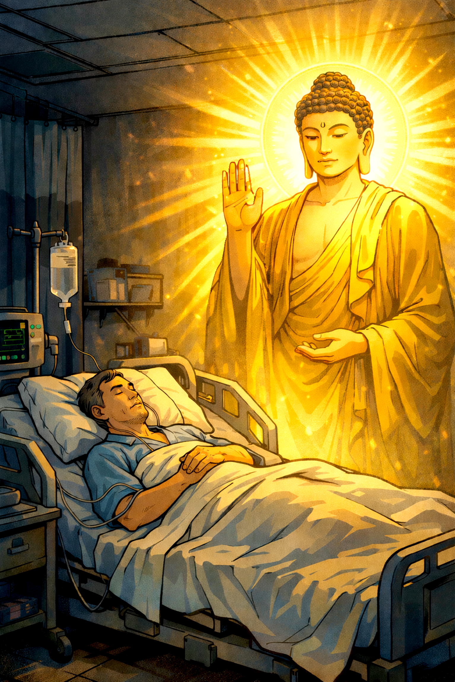 他站在白光中跟大家揮手道別 - 插圖